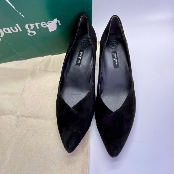 Paul Green Witt Black Suede Pointed Toe Pump Size 5.5 Mid Block Heels - Picture 2 of 16